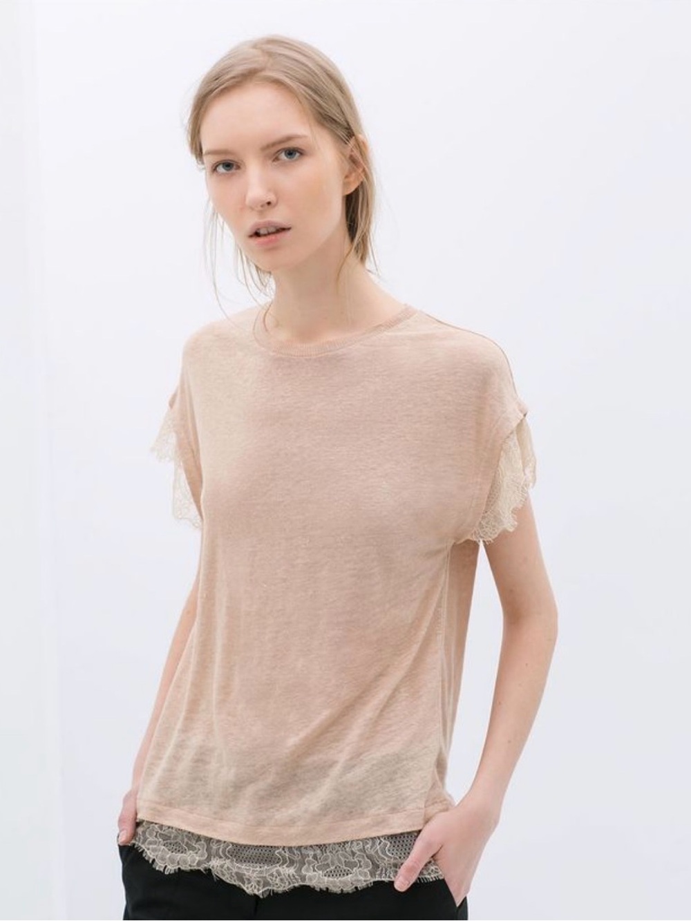 Zara W&B Collection Rose Tan Top with Lace Detail